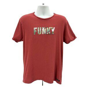 Funky Buddha Mens Large Shirt Organic Cotton Spell Out Dusty Rose Graphic